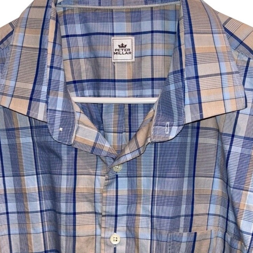 Peter Millar Button Down XXL Mens Blue Tan Plaid Cotton Long Sleeve Shirt